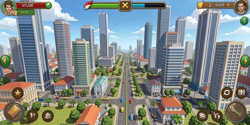 Screenshot menunjukkan karakter utama menjelajahi taman yang indah.